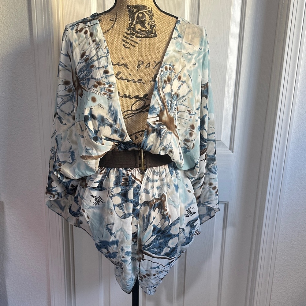 NWT Flowy Blue and Brown Patterned Romper